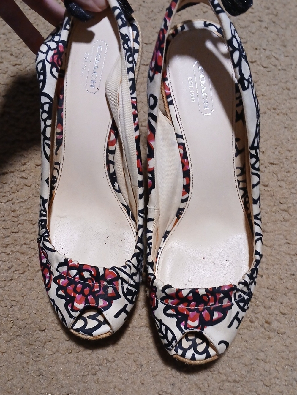 Coach Cream Floral Peep-Toe Slingback Heels